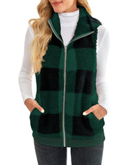 Oversize Velvet Cardigan Vest Stand - up Collar Sleeveless Coat Dark Green