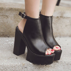 Peep Toe Sandals Chunky Heel High Heel Waterproof Black