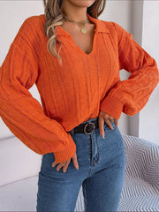 Plaid Polo Collar Knitted Pullover Sweater Orange