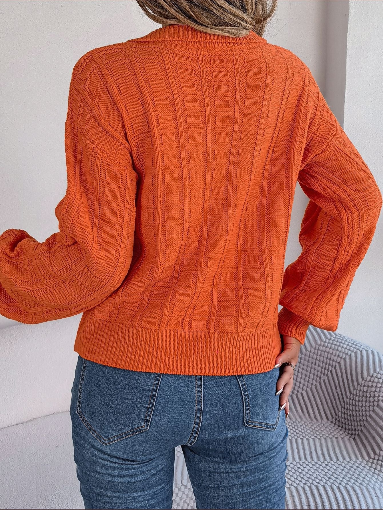 Plaid Polo Collar Knitted Pullover Sweater Orange