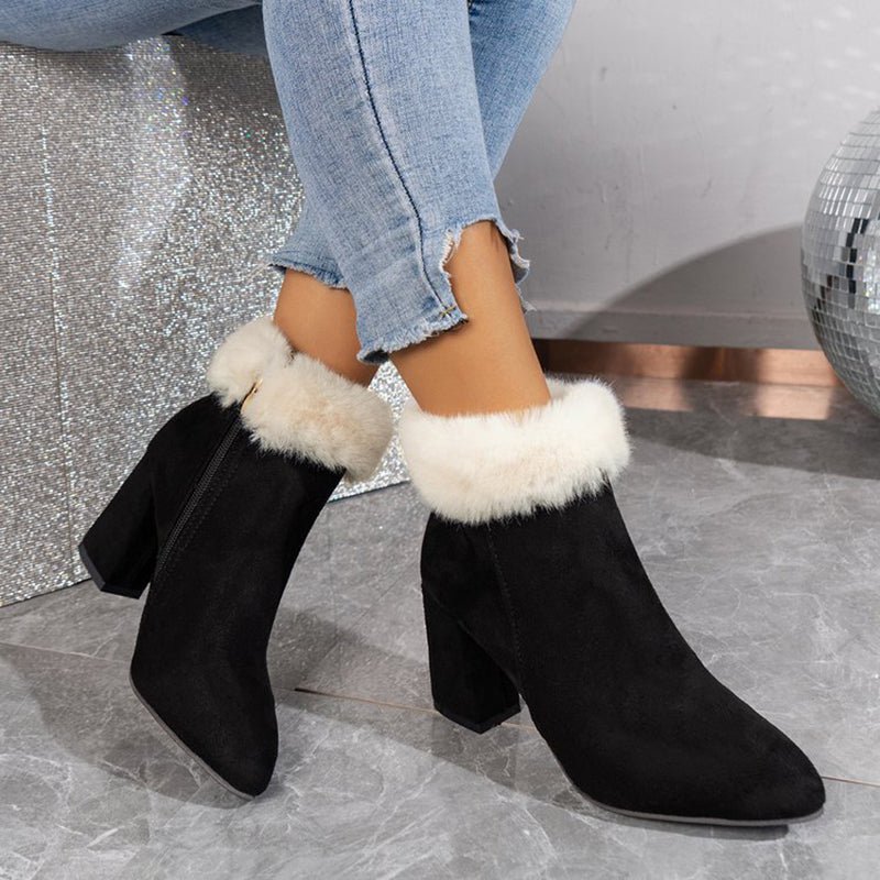 Plaid Print Ankle Winter Square Heel Suede Boots Women Versatile Shoes Black