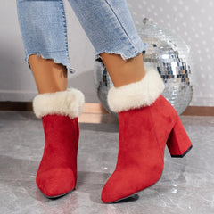 Plaid Print Ankle Winter Square Heel Suede Boots Women Versatile Shoes Red