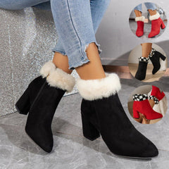 Plaid Print Ankle Winter Square Heel Suede Boots Women Versatile Shoes Black