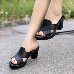 Plus Size Summer Female High Heel Slippers Wine Red