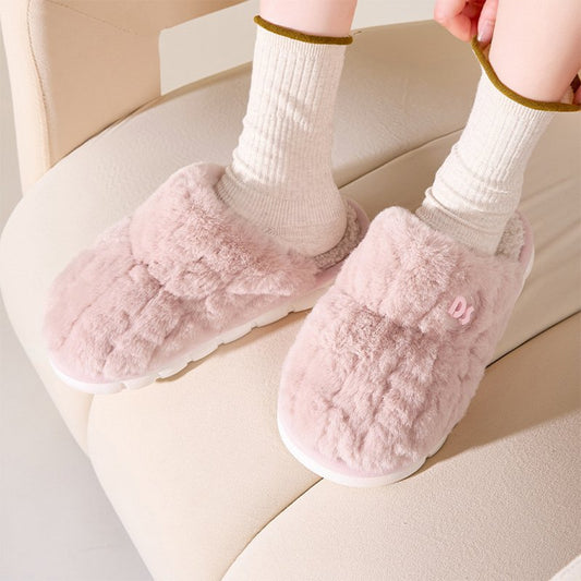 Plush Slippers Women Non - slip Fluffy Men Indoor Soft Solid Shoes Beige