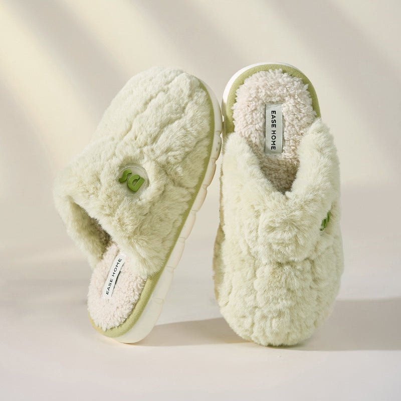 Plush Slippers Women Non - slip Fluffy Men Indoor Soft Solid Shoes Green