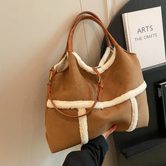 Plush Totes: 2pcs Casual Large - Capacity Suede Handbag Set for Winter Brown