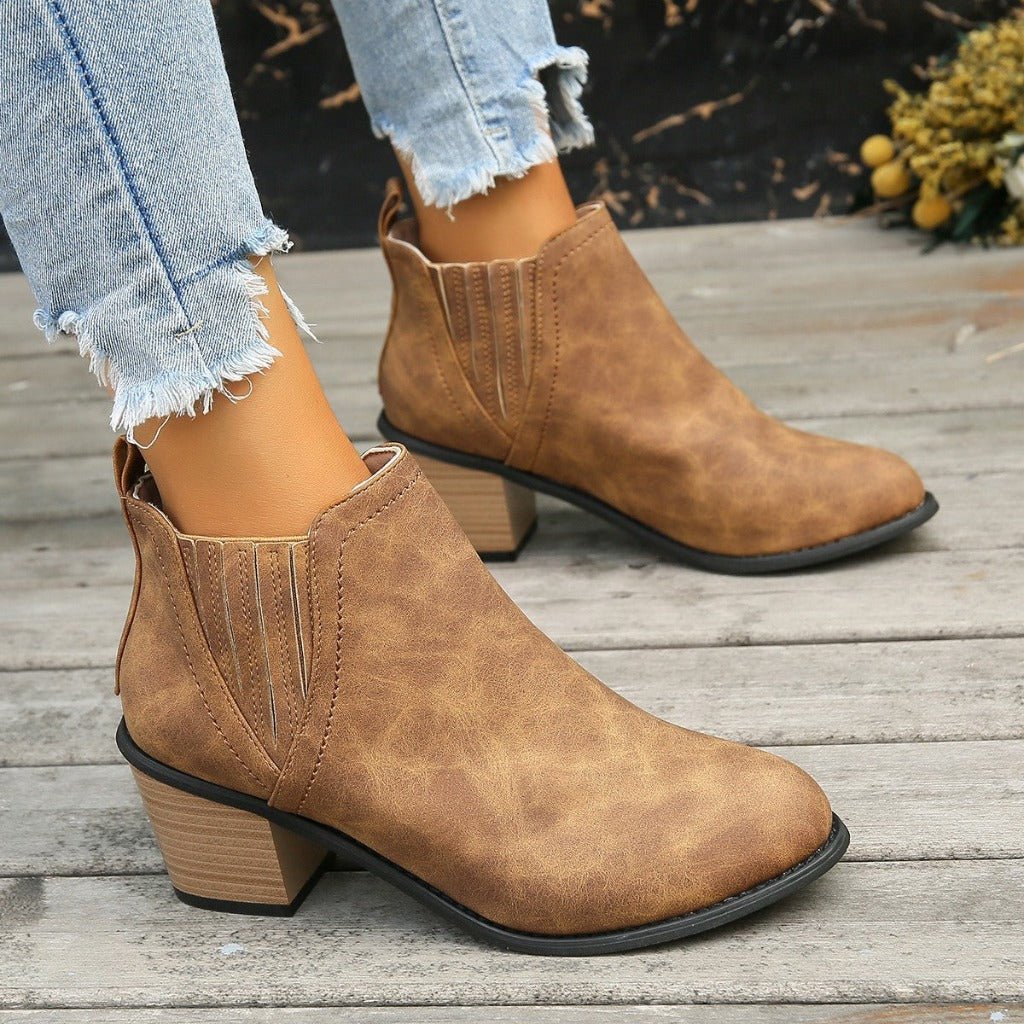 Pointed comfy Toe Thick Square Ankle Slip - on Low trendy Heel Boots Brown