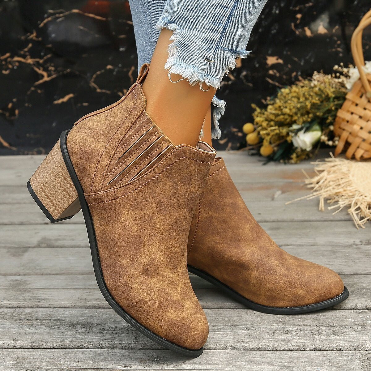 Pointed comfy Toe Thick Square Ankle Slip - on Low trendy Heel Boots Brown