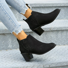 Pointed comfy Toe Thick Square Ankle Slip - on Low trendy Heel Boots Black