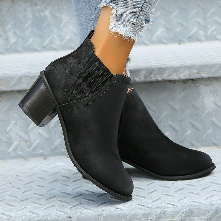 Pointed comfy Toe Thick Square Ankle Slip - on Low trendy Heel Boots Black