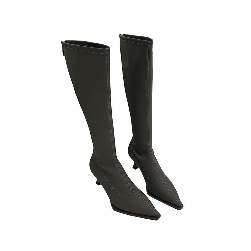 Pointed Toe Below The Knee Boots Back Zipper Stiletto Heel Gray