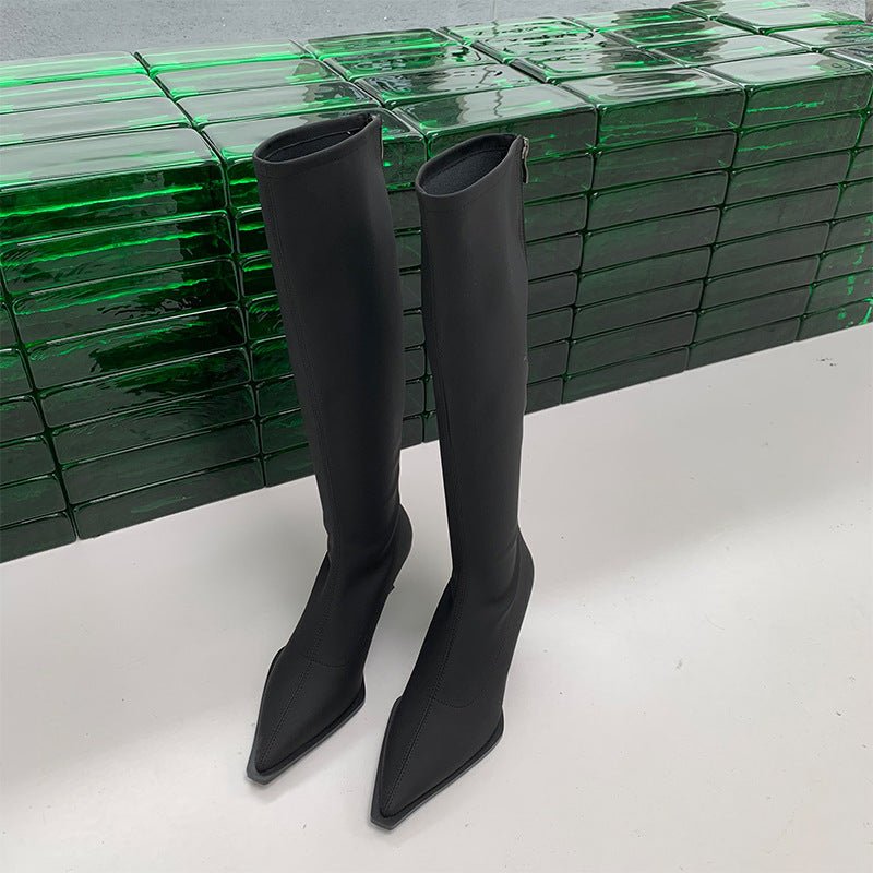 Pointed Toe Below The Knee Boots Back Zipper Stiletto Heel Black