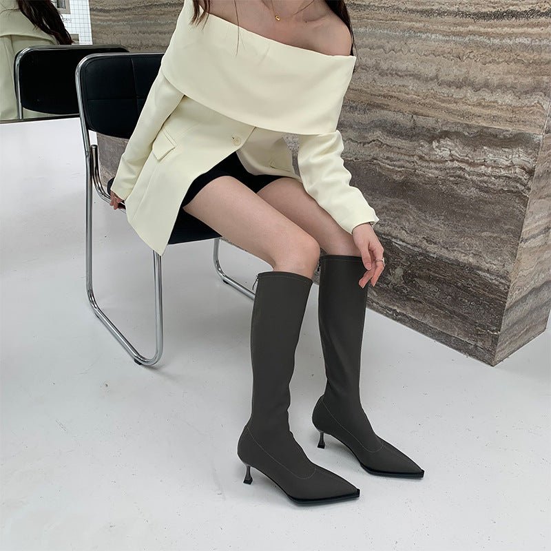 Pointed Toe Below The Knee Boots Back Zipper Stiletto Heel Gray