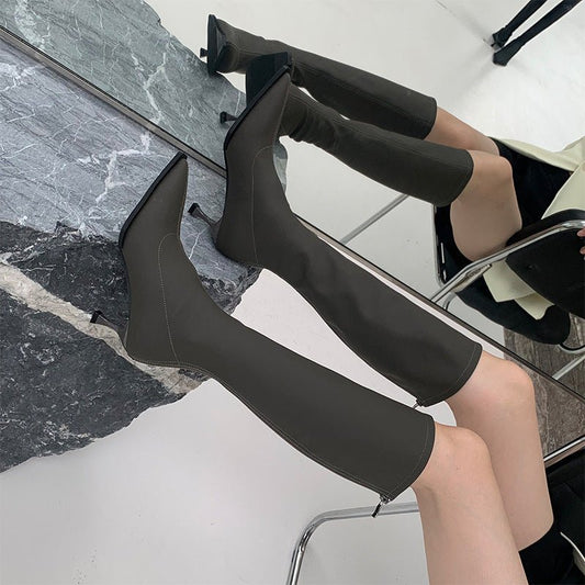 Pointed Toe Below The Knee Boots Back Zipper Stiletto Heel Black