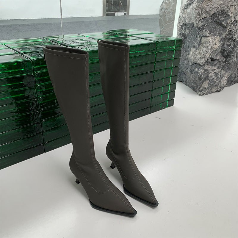 Pointed Toe Below The Knee Boots Back Zipper Stiletto Heel Gray