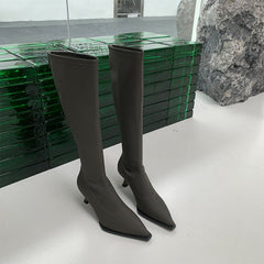 Pointed Toe Below The Knee Boots Back Zipper Stiletto Heel Gray