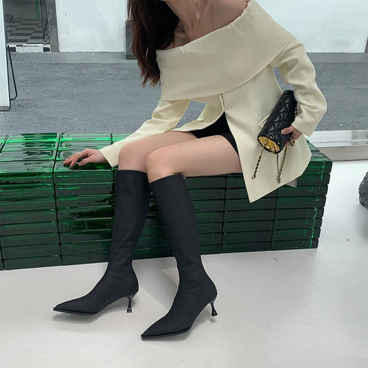 Pointed Toe Below The Knee Boots Back Zipper Stiletto Heel Black