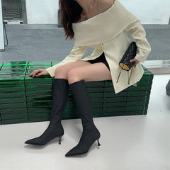 Pointed Toe Below The Knee Boots Back Zipper Stiletto Heel Black
