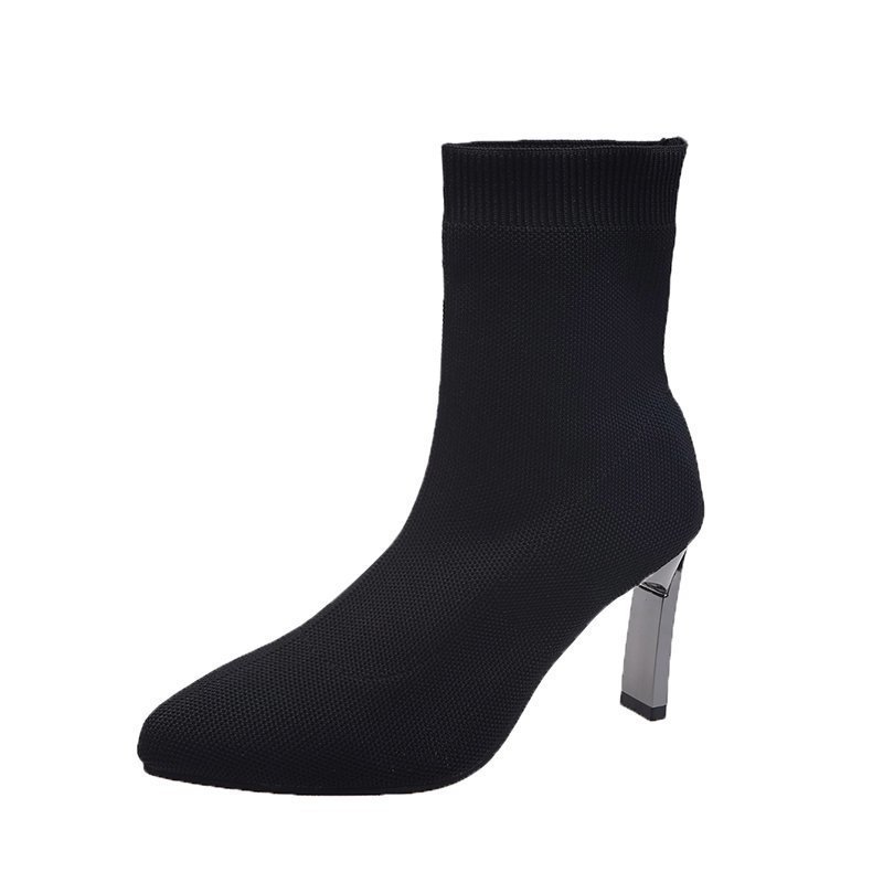 Pointed Toe Boots Women Sock Shoes Black