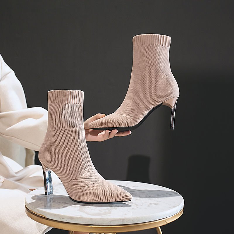 Pointed Toe Boots Women Sock Shoes Black