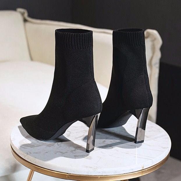 Pointed Toe Boots Women Sock Shoes Black