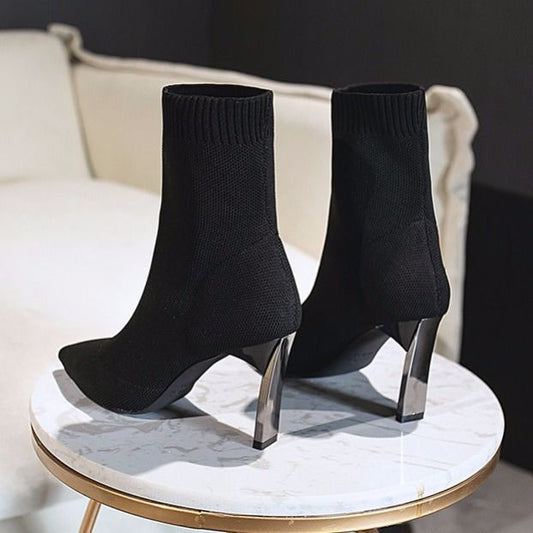 Pointed Toe Boots Women Sock Shoes Black