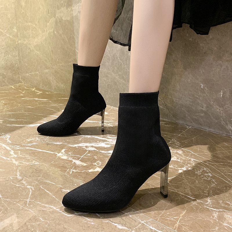 Pointed Toe Boots Women Sock Shoes Black
