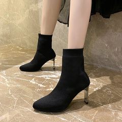 Pointed Toe Boots Women Sock Shoes Black