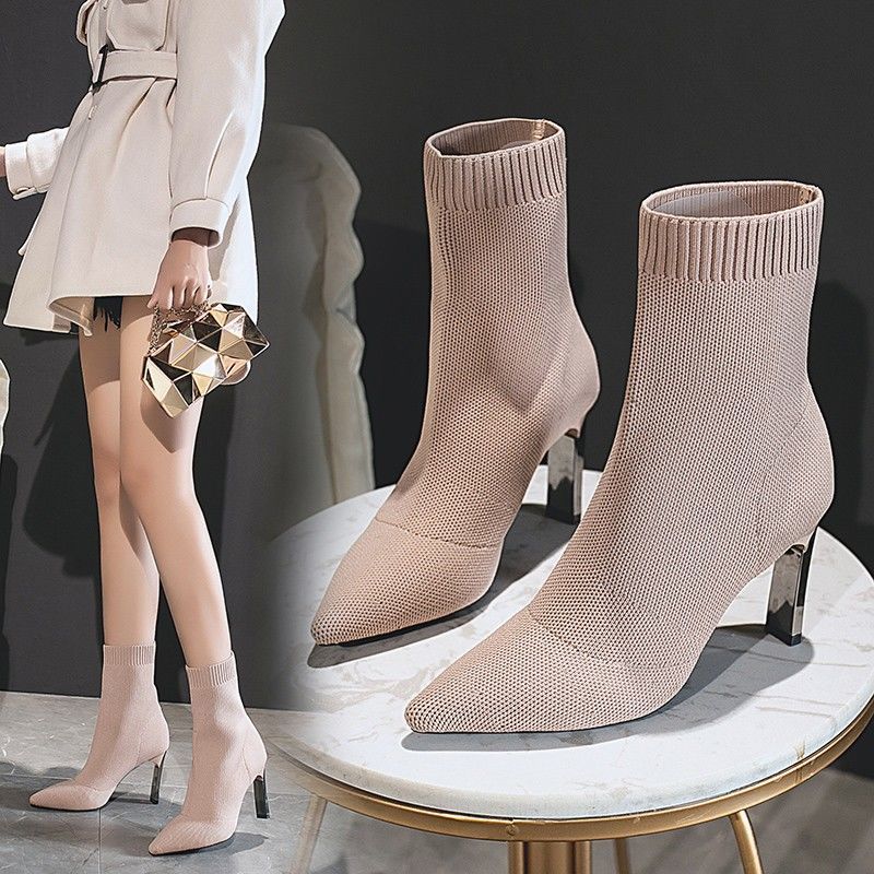 Pointed Toe Boots Women Sock Shoes Black