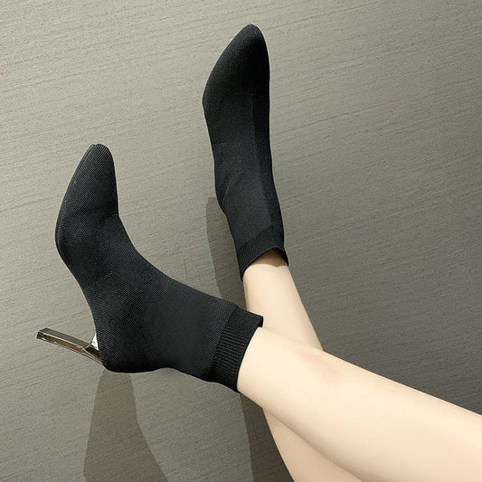 Pointed Toe Boots Women Sock Shoes Black