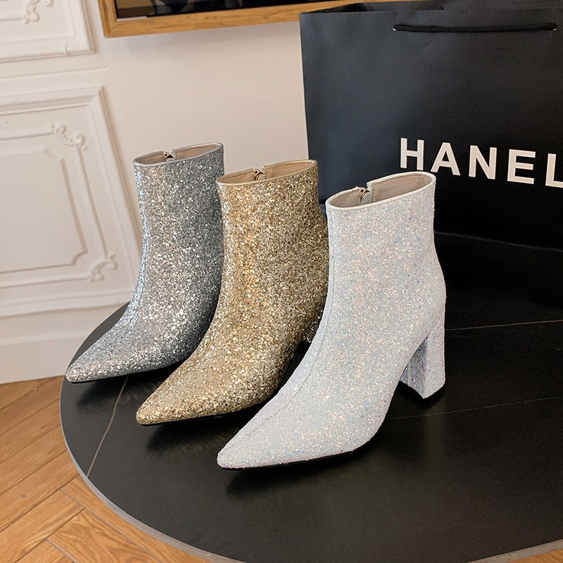 Pointed Toe Chunky Heel Sequined Fashion Women's Boots Creamy White
