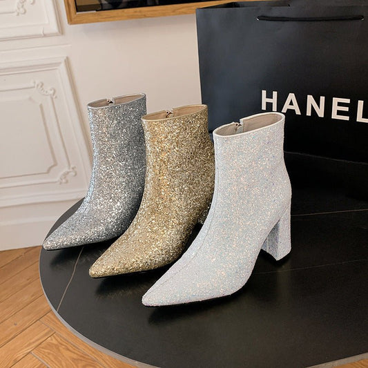 Pointed Toe Chunky Heel Sequined Fashion Women's Boots Creamy White