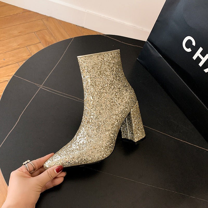 Pointed Toe Chunky Heel Sequined Fashion Women's Boots Silver