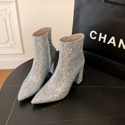Pointed Toe Chunky Heel Sequined Fashion Women's Boots Creamy White