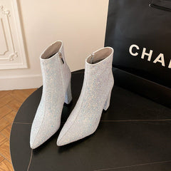 Pointed Toe Chunky Heel Sequined Fashion Women's Boots Creamy White