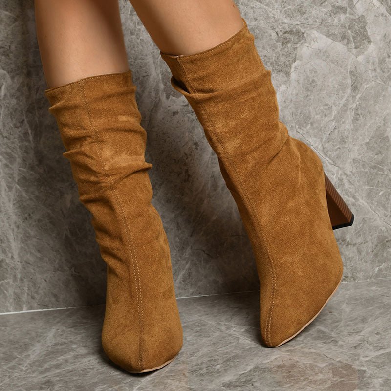 Pointed Toe High Block Heels Boots Black