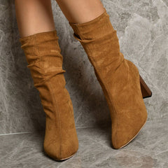 Pointed Toe High Block Heels Boots Black