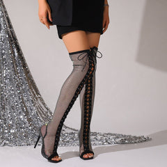 Pointed Toe Sandal Boots Over The Knee Internet Celebrity Black Buckle