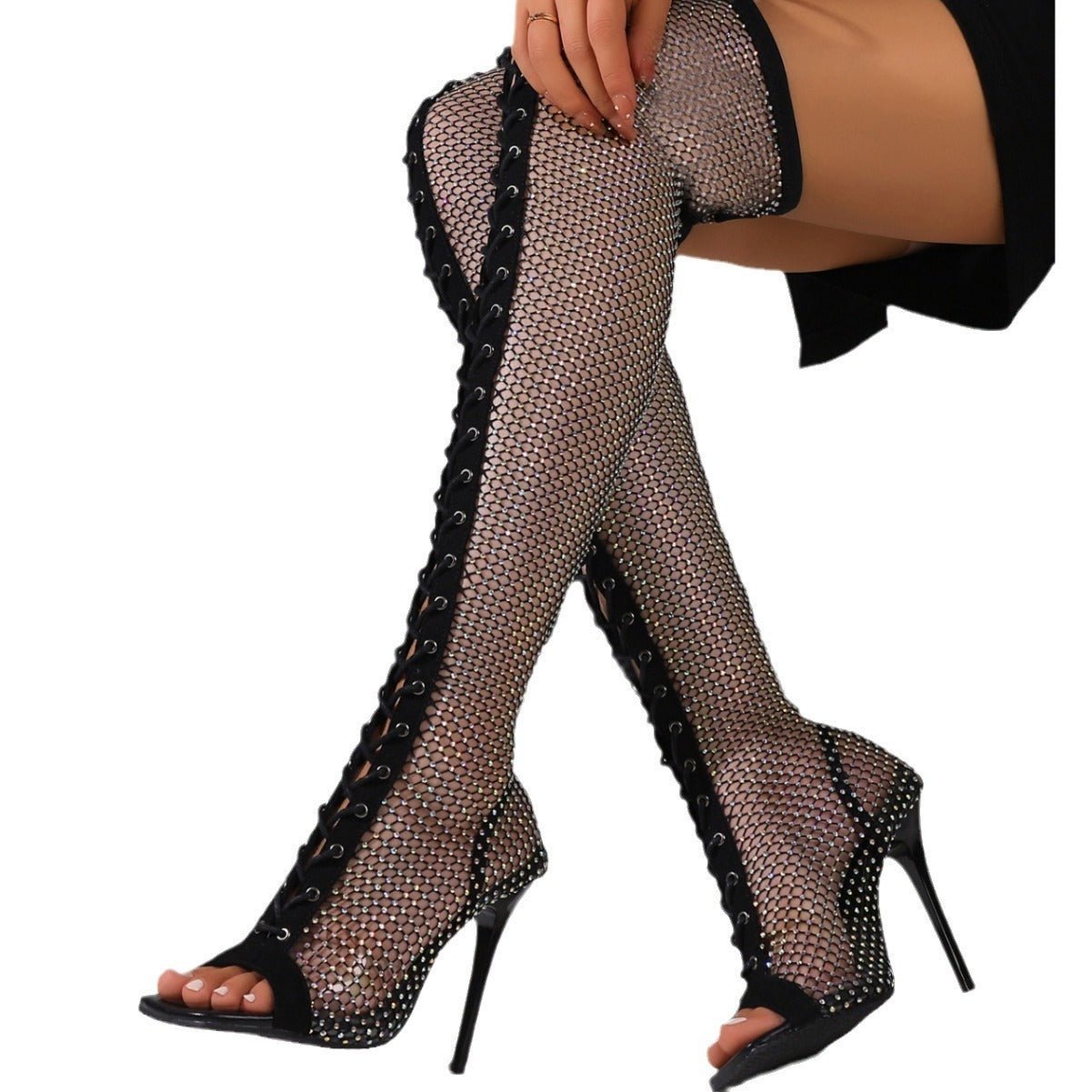 Pointed Toe Sandal Boots Over The Knee Internet Celebrity Black Buckle