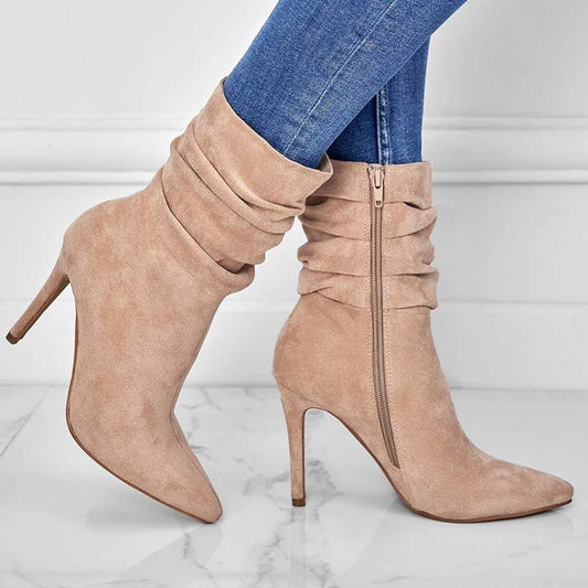 Pointed Toe Stiletto Heel Ankle Boots For Women Side Zipper Shoes Apricot