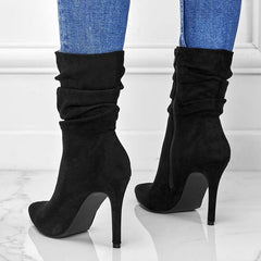 Pointed Toe Stiletto Heel Ankle Boots For Women Side Zipper Shoes Black