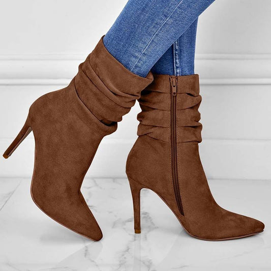 Pointed Toe Stiletto Heel Ankle Boots For Women Side Zipper Shoes Brown