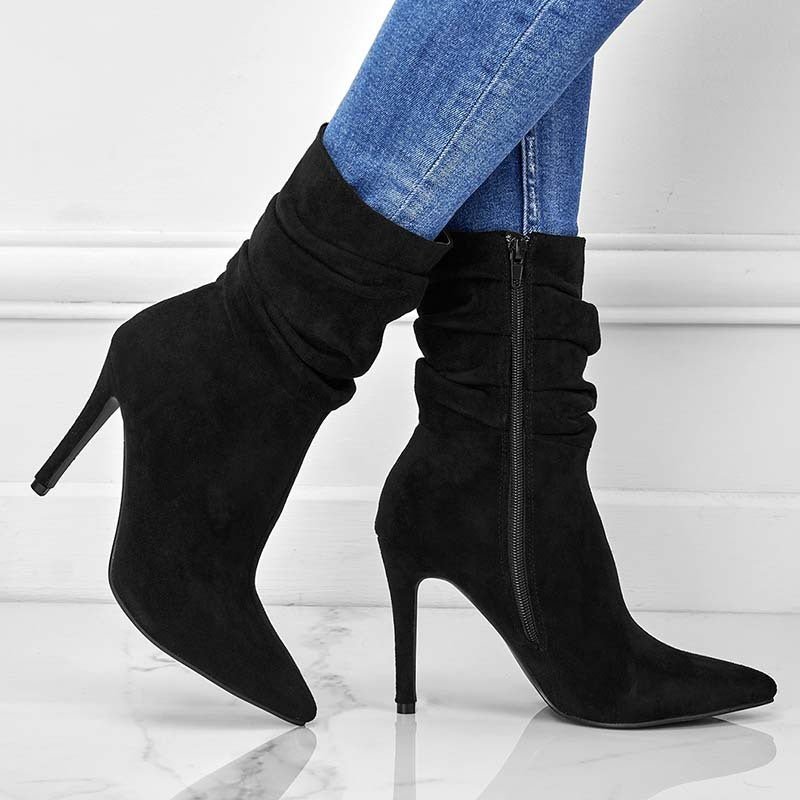 Pointed Toe Stiletto Heel Ankle Boots For Women Side Zipper Shoes Black