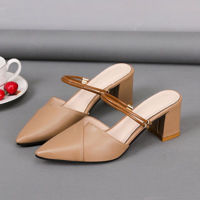 Pointed Toe Two - way Wear With Cool Half Slippers Chunky Heel Sandals Apricot