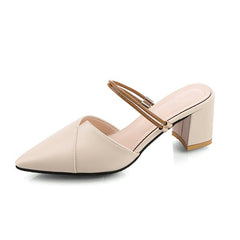 Pointed Toe Two - way Wear With Cool Half Slippers Chunky Heel Sandals Apricot