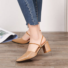 Pointed Toe Two - way Wear With Cool Half Slippers Chunky Heel Sandals Apricot