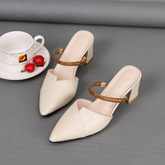 Pointed Toe Two - way Wear With Cool Half Slippers Chunky Heel Sandals Apricot