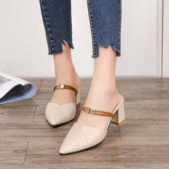 Pointed Toe Two - way Wear With Cool Half Slippers Chunky Heel Sandals Apricot