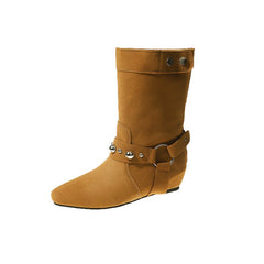 Pointed Women's Rivet Belt Buckle Flat Ankle Boots Yellowish Brown